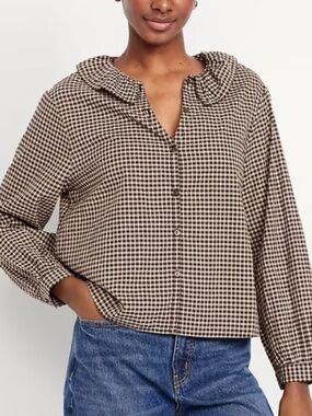 Old Navy Gingham Ruffle Collar Blouse Button Front Long Sleeve Top Size M